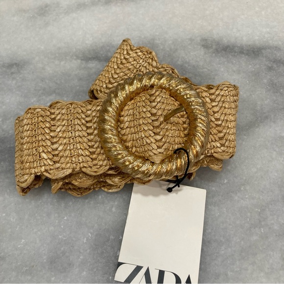 ZARA Tan Gold Scalloped Woven Straw Raffia Belt NWT main image 11